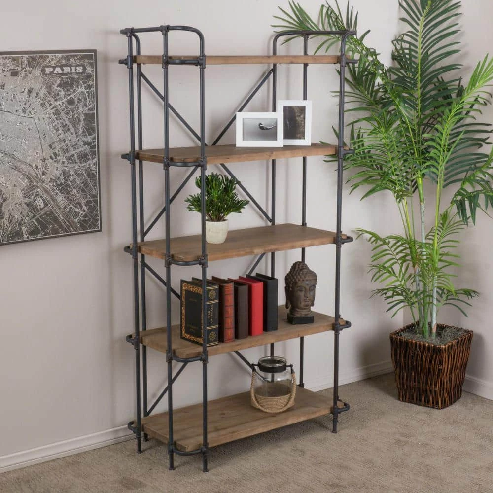 Cedarburg 66.75 in. Antique Brown Wood 5-Shelf Etagere Bookcase by Noble House - Image 6