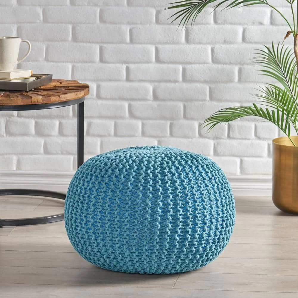 Moloney Aqua Cotton Knitted Round Pouf by Noble House - Image 9