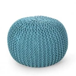 Moloney Aqua Cotton Knitted Round Pouf by Noble House