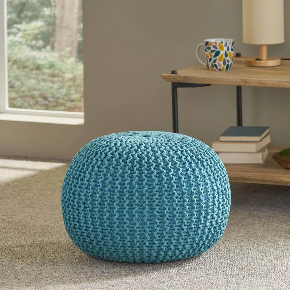 Moloney Aqua Cotton Knitted Round Pouf by Noble House - Image 2