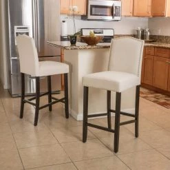 Markson 30 in. Beige Studded Bar Stool (Set of 2) by Noble House