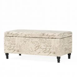 Parisian Beige French Script Linen Storage Bench by Noble House