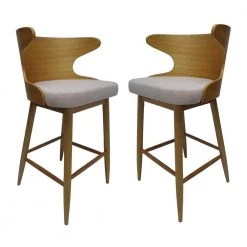 Kamryn Mid-Century Modern 30.25 in. Natural Wooden Bar Stools with Beige Fabric Seat Cushion (Set of 2) by Noble House