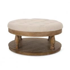 Hewlett Beige Polyester Tufted Ottoman by Noble House