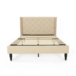 Tourmaline Traditional Queen-Size Beige Fully Upholstered Bed Frame with Button Tufting and Nailhead Accents by Noble House