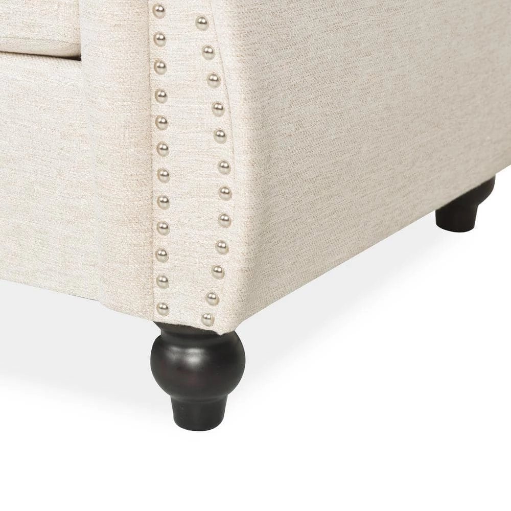 Parksley 84.75 in. Beige Solid Fabric 3-Seat Chesterfield Sofa with Removable Cushions by Noble House - Image 8