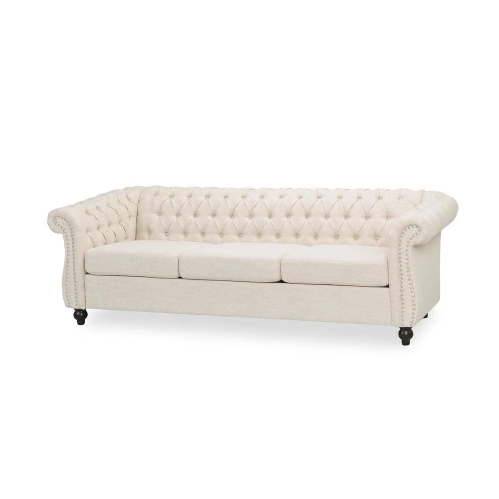 Parksley 84.75 in. Beige Solid Fabric 3-Seat Chesterfield Sofa with Removable Cushions by Noble House - Image 6