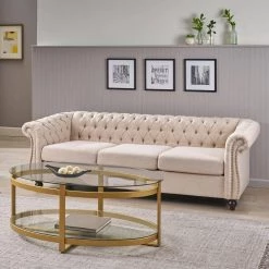 Parksley 84.75 in. Beige Solid Fabric 3-Seat Chesterfield Sofa with Removable Cushions by Noble House