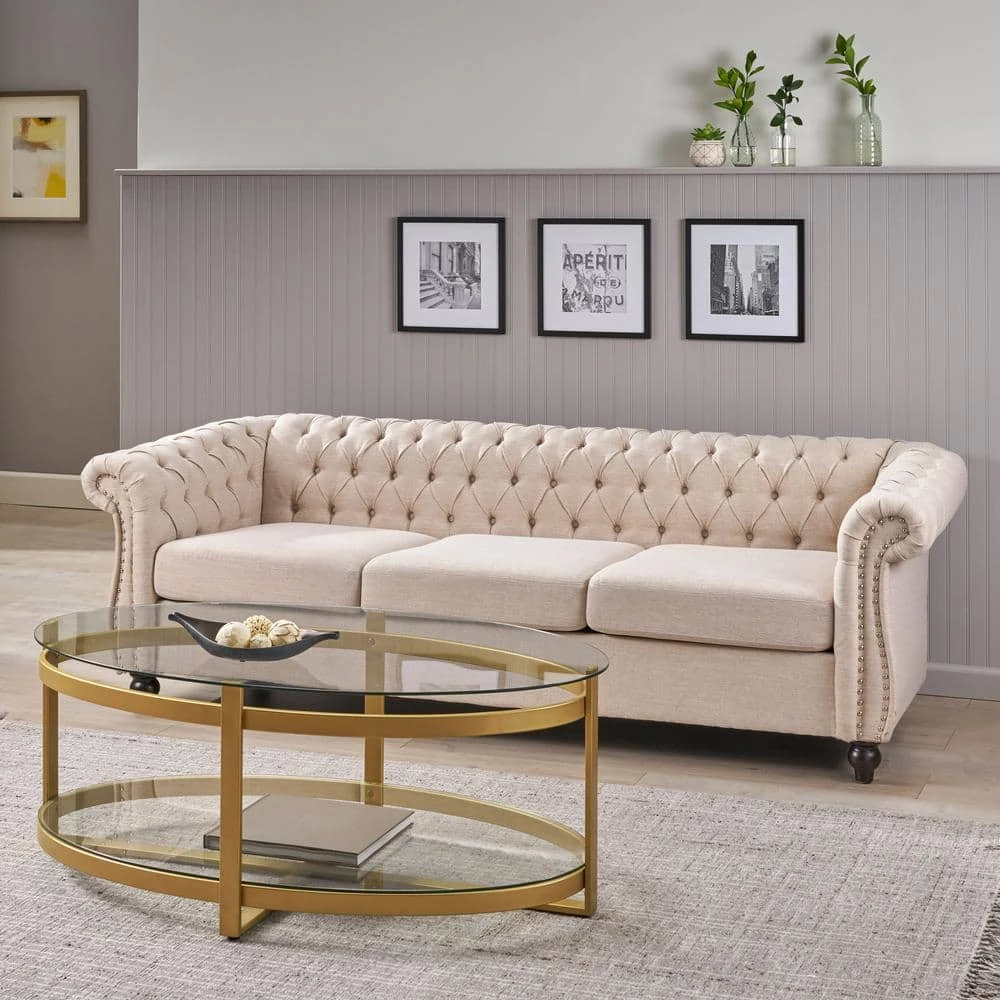 Parksley 84.75 in. Beige Solid Fabric 3-Seat Chesterfield Sofa with Removable Cushions by Noble House