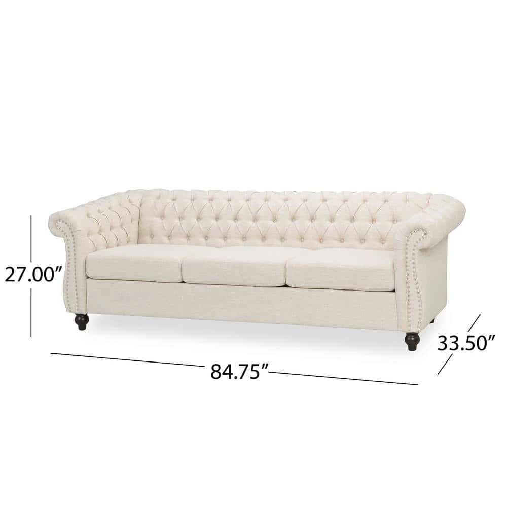 Parksley 84.75 in. Beige Solid Fabric 3-Seat Chesterfield Sofa with Removable Cushions by Noble House - Image 10