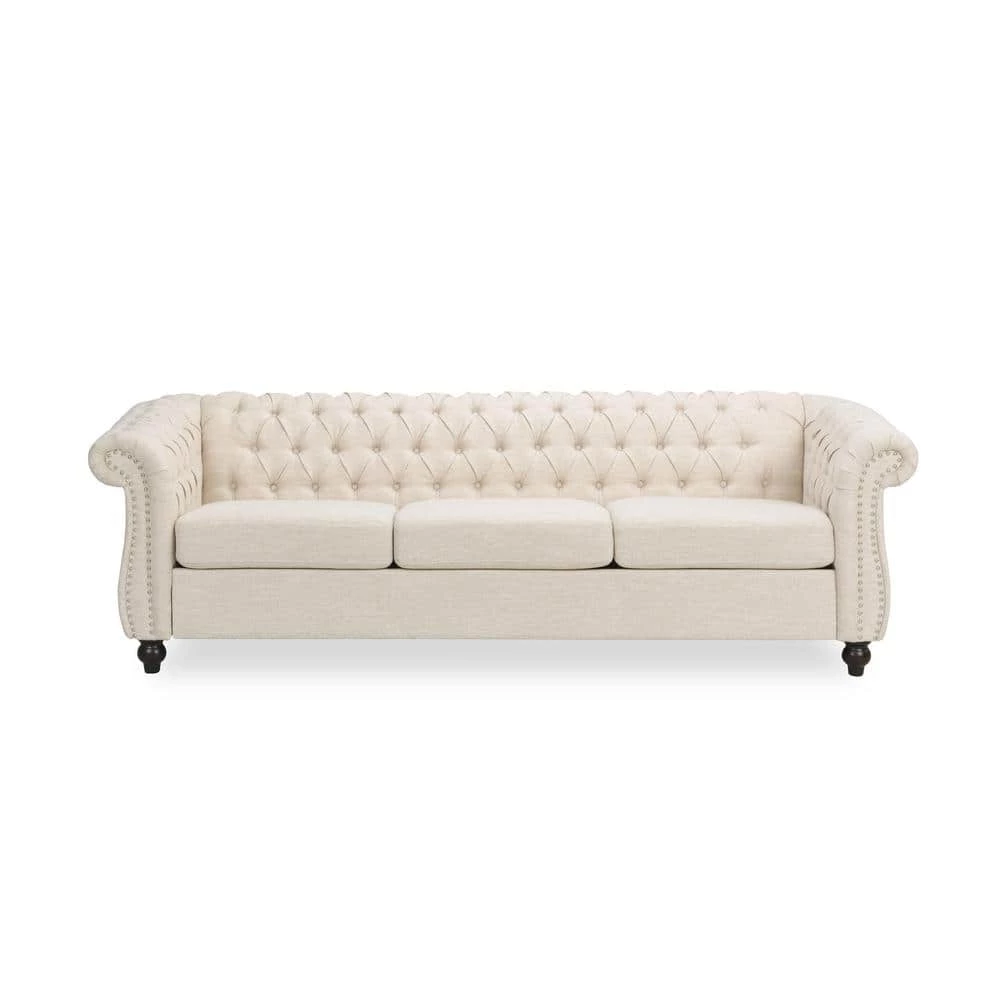 Parksley 84.75 in. Beige Solid Fabric 3-Seat Chesterfield Sofa with Removable Cushions by Noble House - Image 5