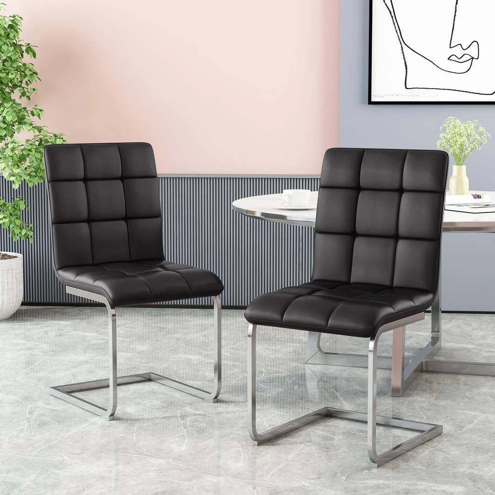 Niver Black and Chrome Waffle Stitch Dining Chair (Set of 2) by Noble House - Image 11