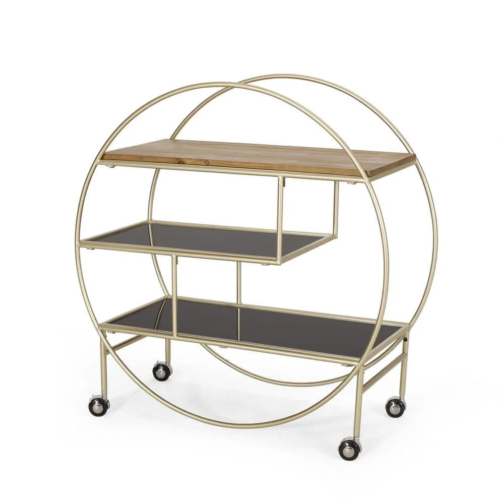 Mauhaut 36.5 in. Black, Gold, and Antique 3-Shelf Circular Bookcase with Wheels by Noble House