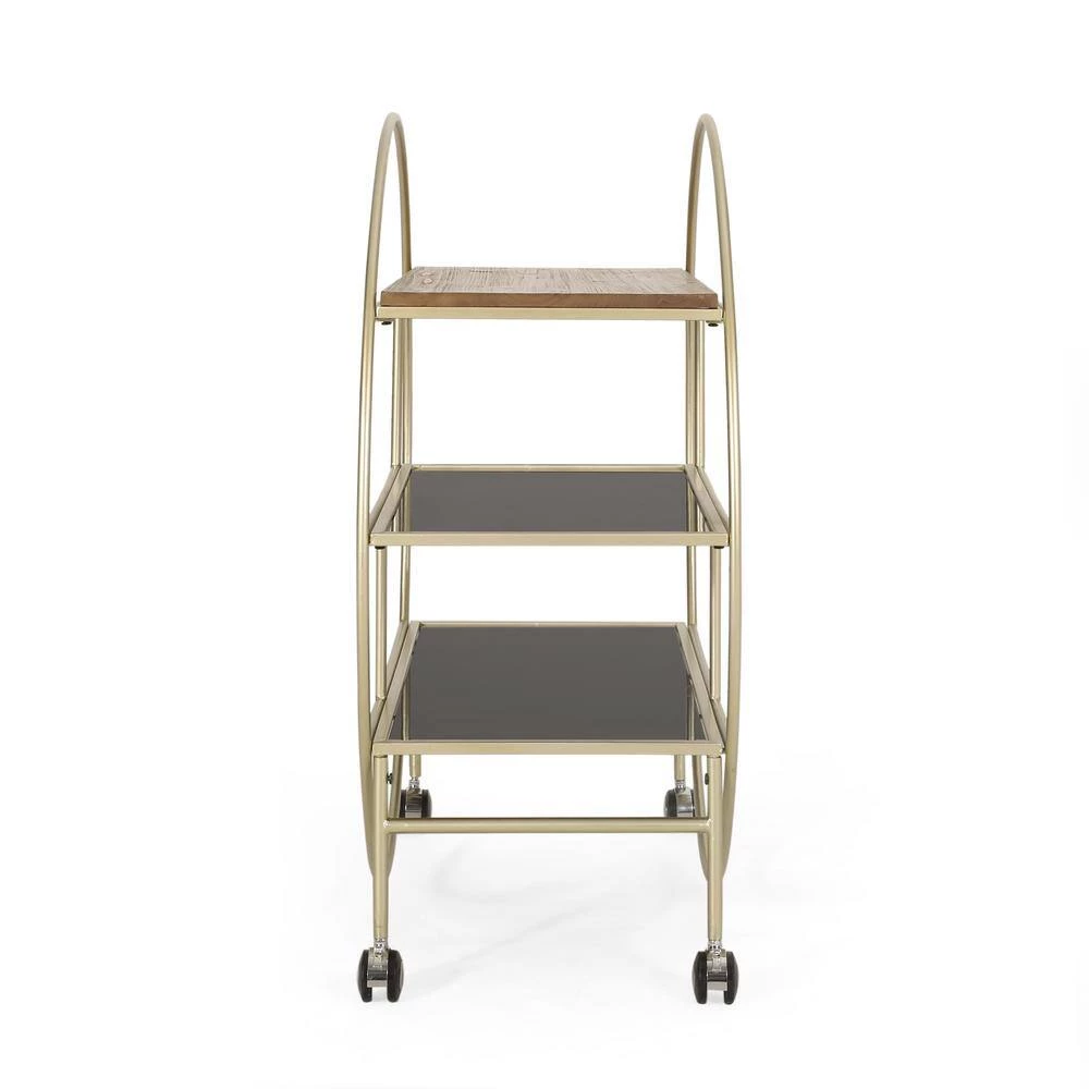 Mauhaut 36.5 in. Black, Gold, and Antique 3-Shelf Circular Bookcase with Wheels by Noble House - Image 2