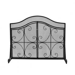 Pendleton Modern Black and Silver Three Panel Iron Fire Screen with Door by Noble House
