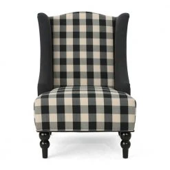 Toddman Black Checkerboard Fabric High-Back Club Chair by Noble House