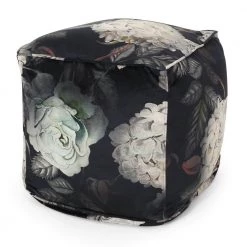 Cleves Flower Print on Black Medium Cube Pouf by Noble House