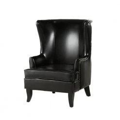 Canterburry Black Bonded Leather High Back Wing Chair by Noble House