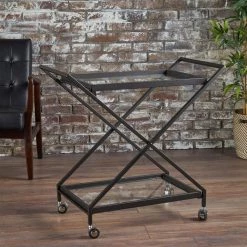 Sherianne Black Bar Cart with Tempered Glass Shelves by Noble House