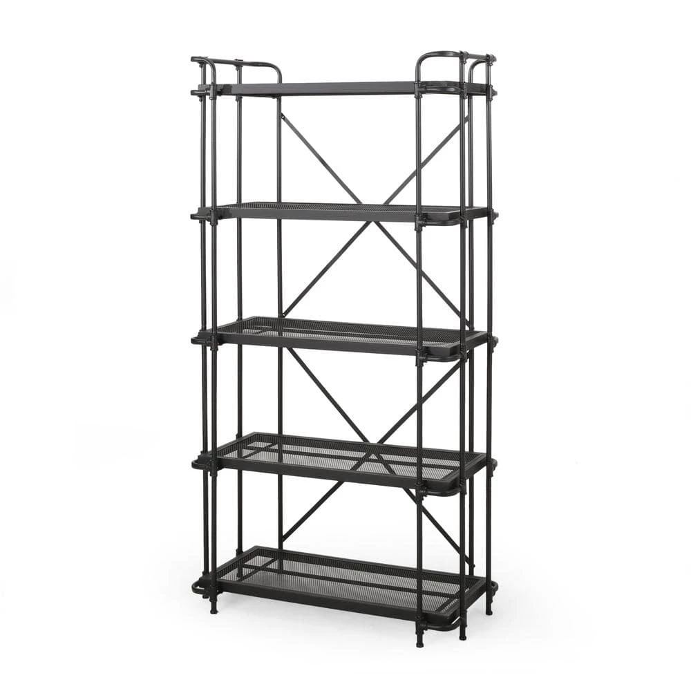 Kiannah 66.75 in. Matte Black Iron Mesh 5 Shelf Etagere Bookcase by Noble House