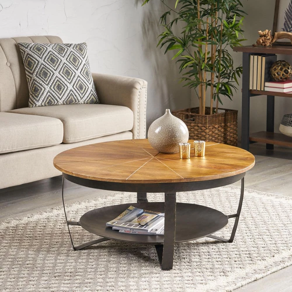 Hadfield 36 in. Black/Brown Medium Round Wood Coffee Table with Shelf by Noble House - Image 9