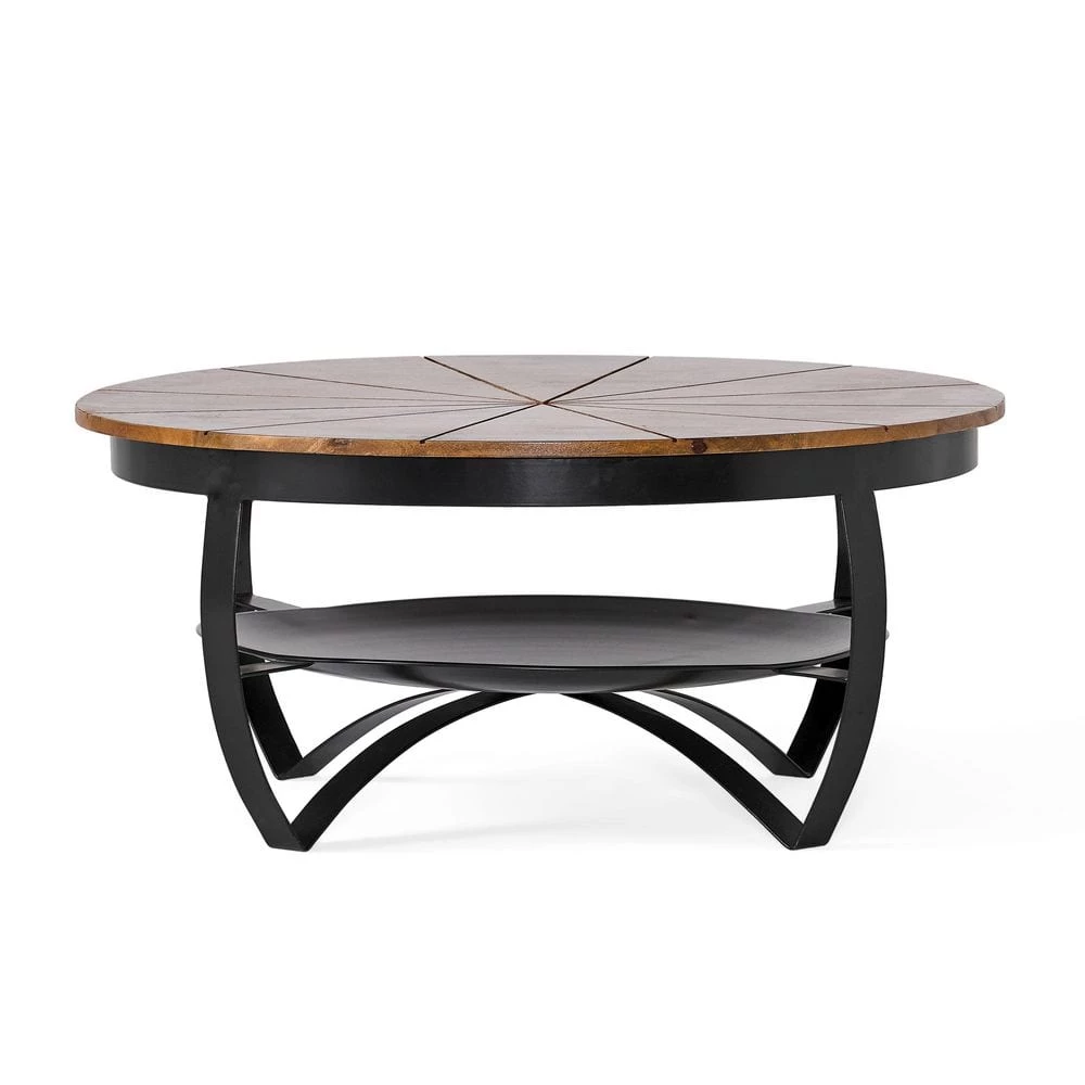 Hadfield 36 in. Black/Brown Medium Round Wood Coffee Table with Shelf by Noble House