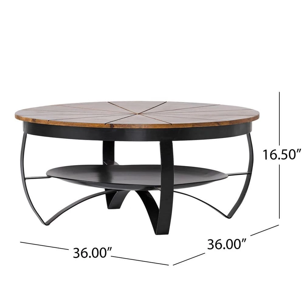 Hadfield 36 in. Black/Brown Medium Round Wood Coffee Table with Shelf by Noble House - Image 4
