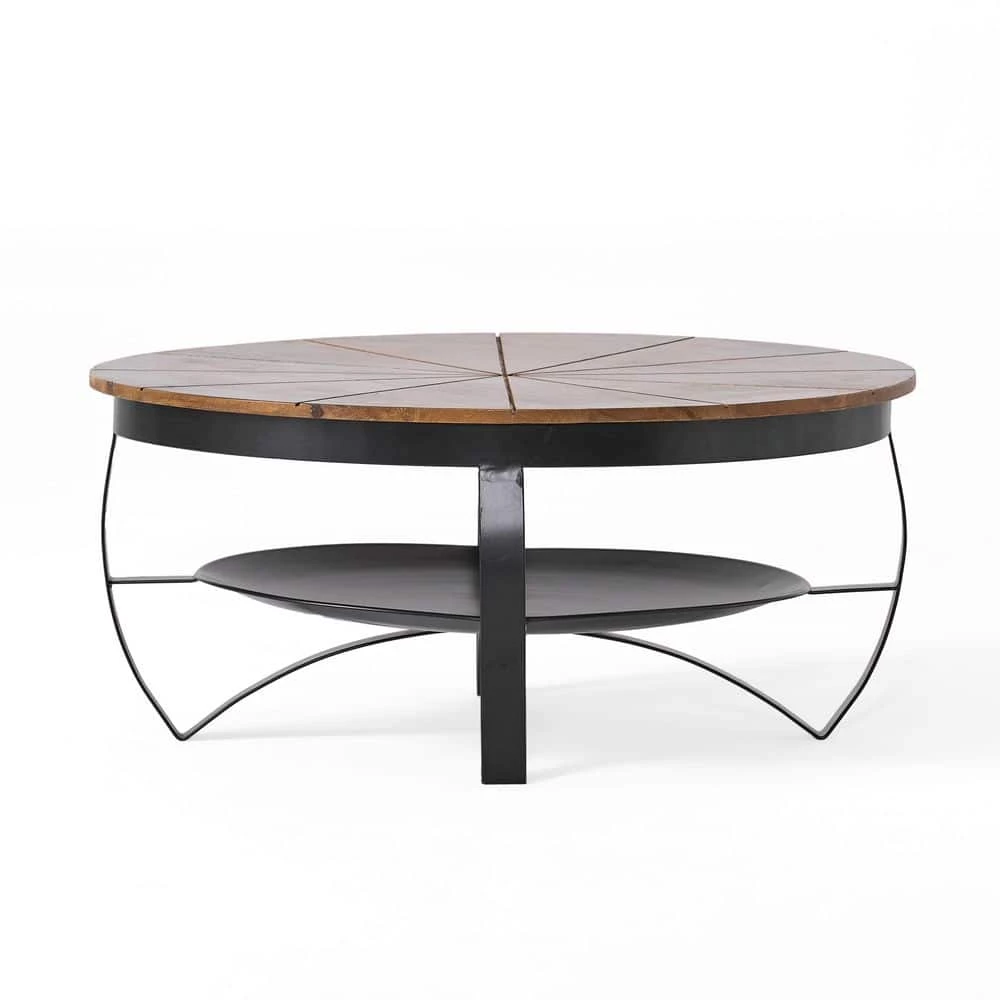 Hadfield 36 in. Black/Brown Medium Round Wood Coffee Table with Shelf by Noble House - Image 2