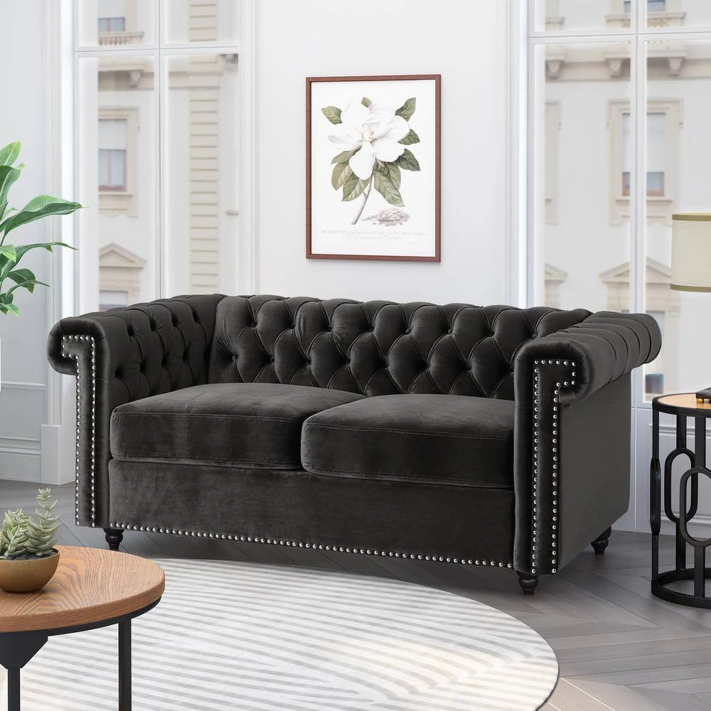 Brinkhaven 61 in. Black and Dark Brown Modern Glam Tufted Velvet 2-Seat Loveseat with Nailhead Trim by Noble House - Image 10