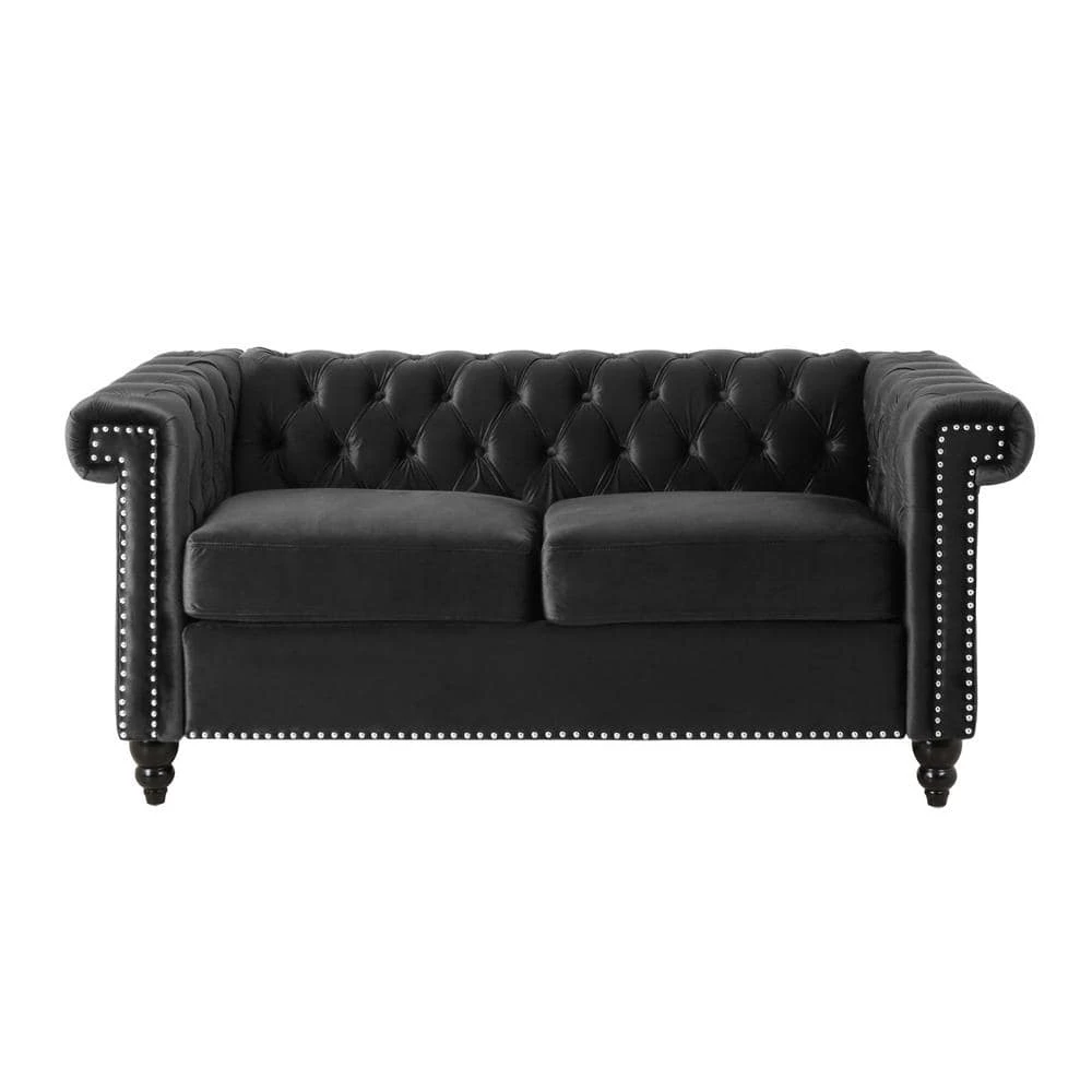 Brinkhaven 61 in. Black and Dark Brown Modern Glam Tufted Velvet 2-Seat Loveseat with Nailhead Trim by Noble House