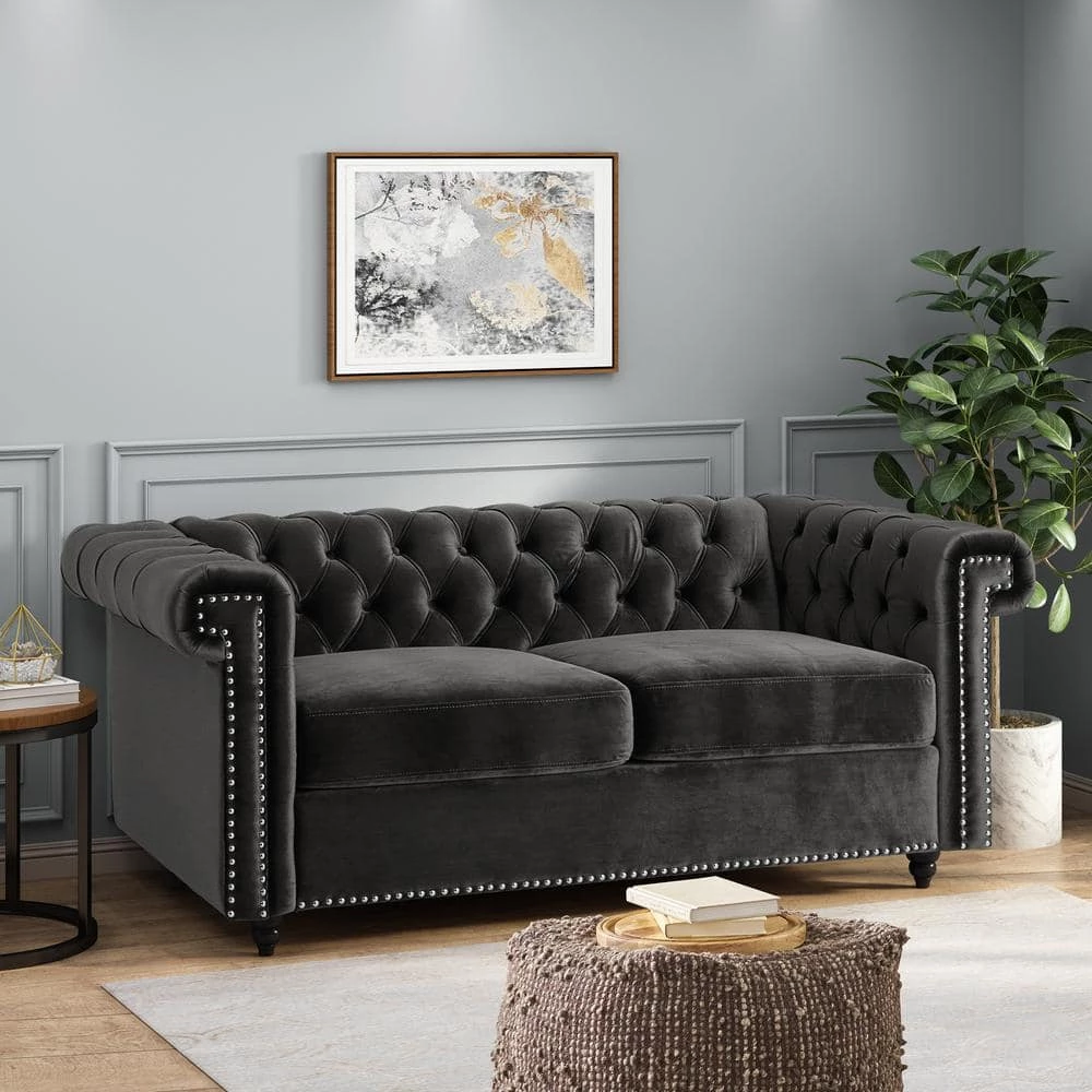 Brinkhaven 61 in. Black and Dark Brown Modern Glam Tufted Velvet 2-Seat Loveseat with Nailhead Trim by Noble House - Image 9