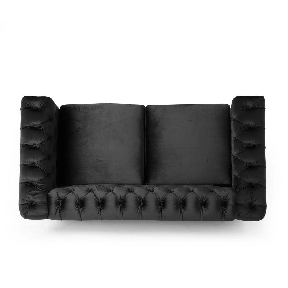 Brinkhaven 61 in. Black and Dark Brown Modern Glam Tufted Velvet 2-Seat Loveseat with Nailhead Trim by Noble House - Image 3