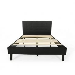 Agnew Contemporary Modern Queen-Size Black Fully Upholstered Platform Bed Frame with Button Tufting by Noble House