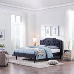 Garret Queen Fabric Upholstered Black Bed Frame by Noble House