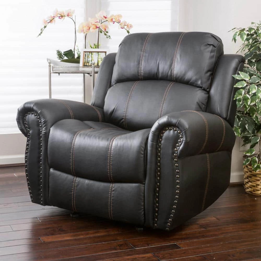 Gavin 39 in. Black Faux Leather Nailhead Trim 3 Position Recliner by Noble House - Image 10