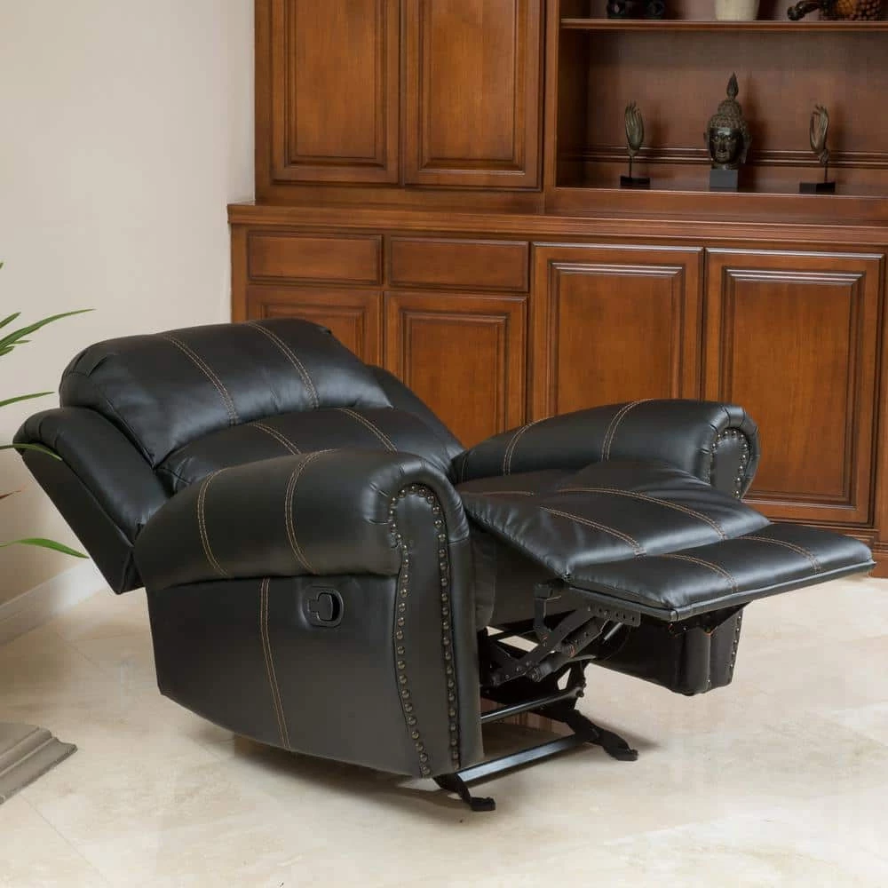 Gavin 39 in. Black Faux Leather Nailhead Trim 3 Position Recliner by Noble House - Image 9