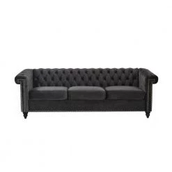 Parkhurst 83 in. Black Solid Velvet 3-Seat Chesterfield Sofa with Nailhead by Noble House