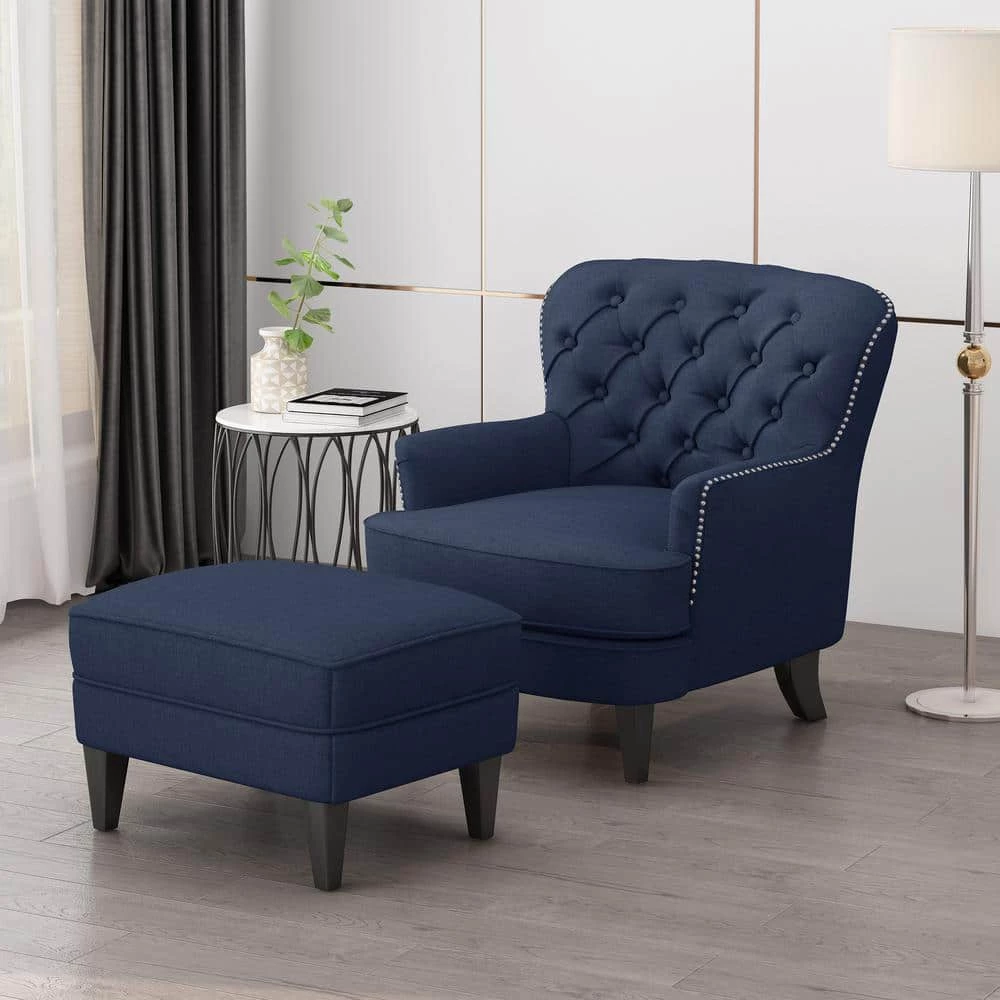 Correia Blue Fabric Upholstered Club Chair with Ottoman by Noble House - Image 12