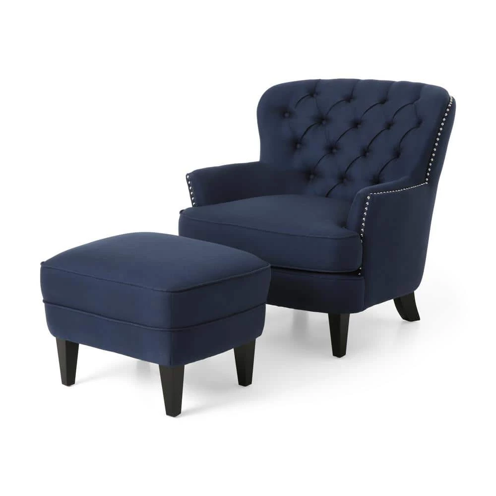 Correia Blue Fabric Upholstered Club Chair with Ottoman by Noble House