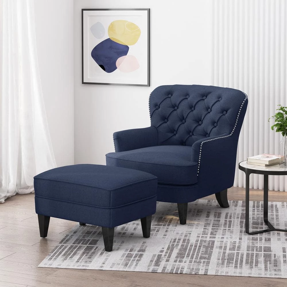Correia Blue Fabric Upholstered Club Chair with Ottoman by Noble House - Image 3