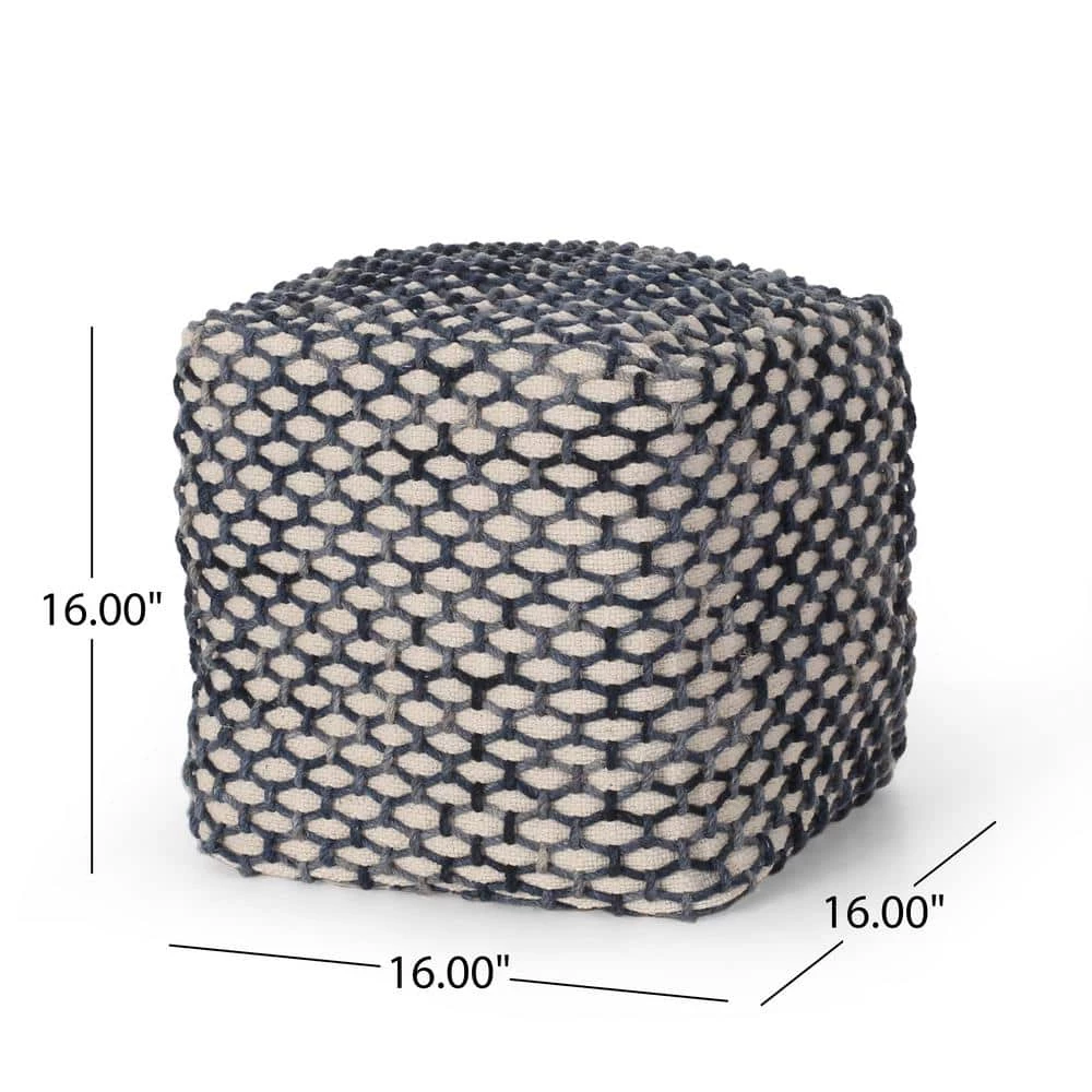 Arya Blue and White Cube Pouf by Noble House - Image 5