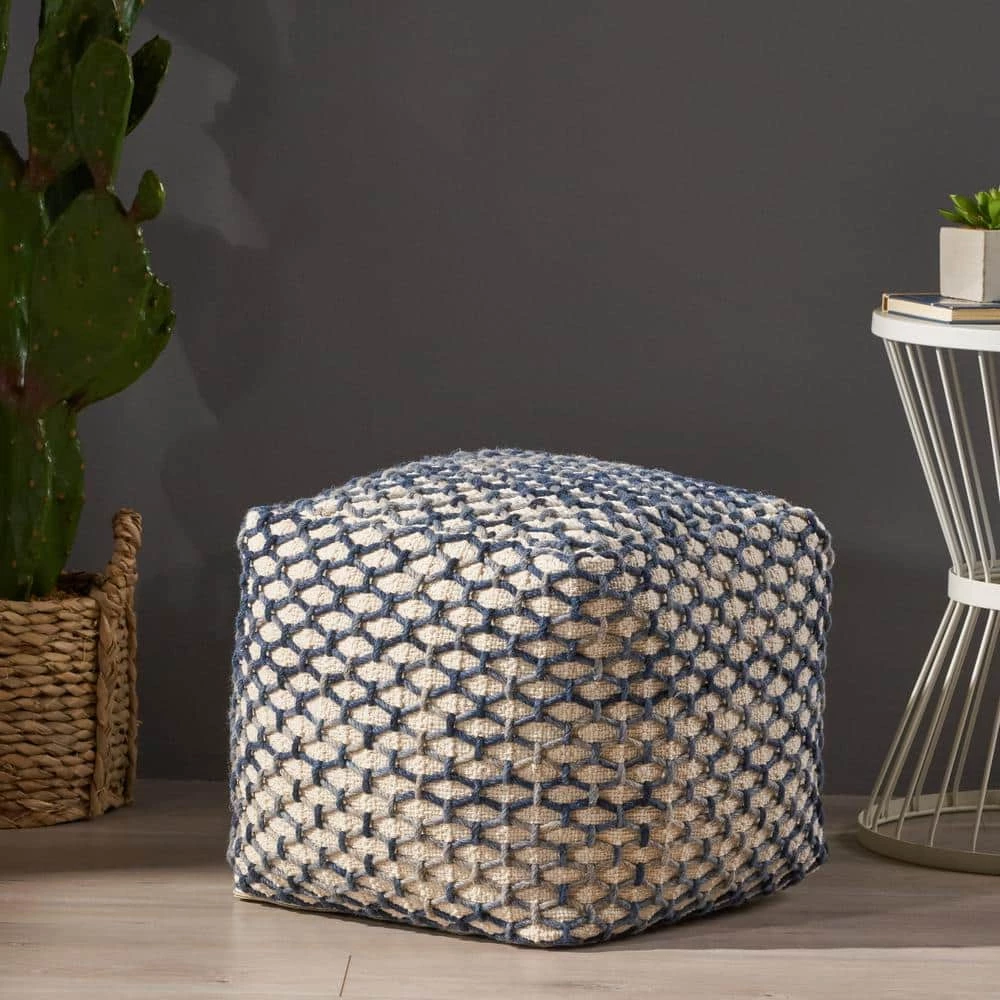 Arya Blue and White Cube Pouf by Noble House - Image 9