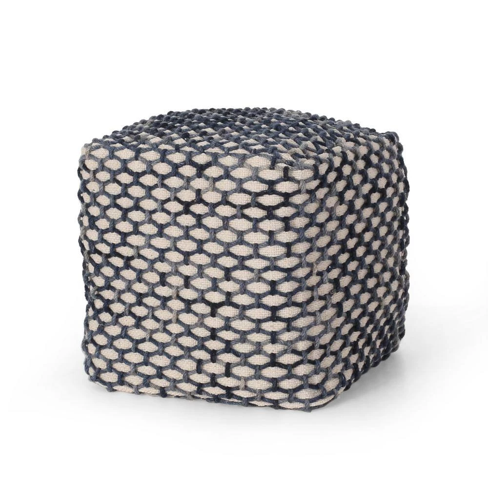 Arya Blue and White Cube Pouf by Noble House - Image 6