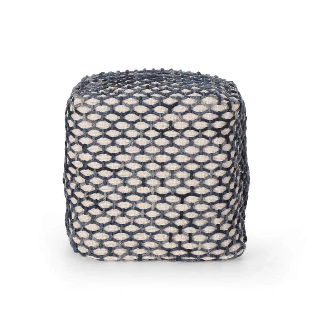 Arya Blue and White Cube Pouf by Noble House