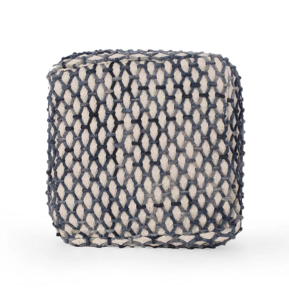 Arya Blue and White Cube Pouf by Noble House - Image 7