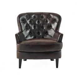 Tafton Brown Leather Tufted Club Chair by Noble House
