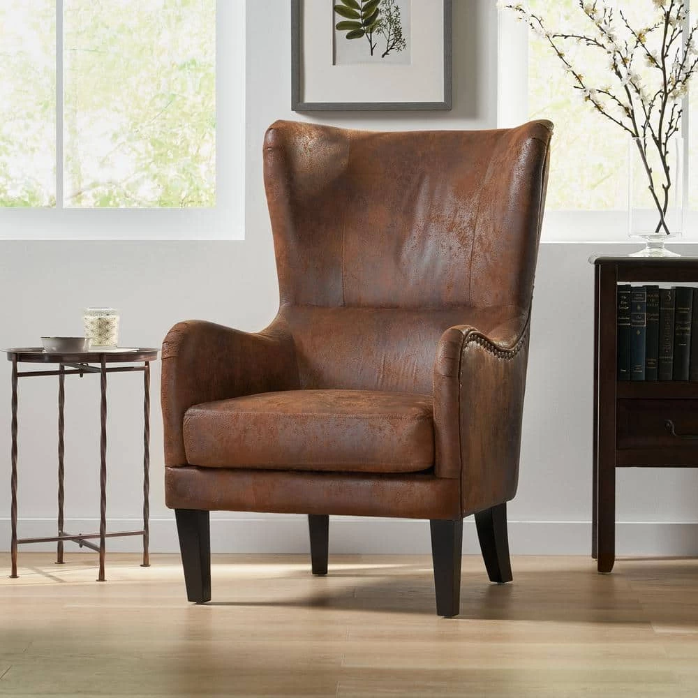 Lorenzo Brown Polyester High Back Club Chair by Noble House - Image 3