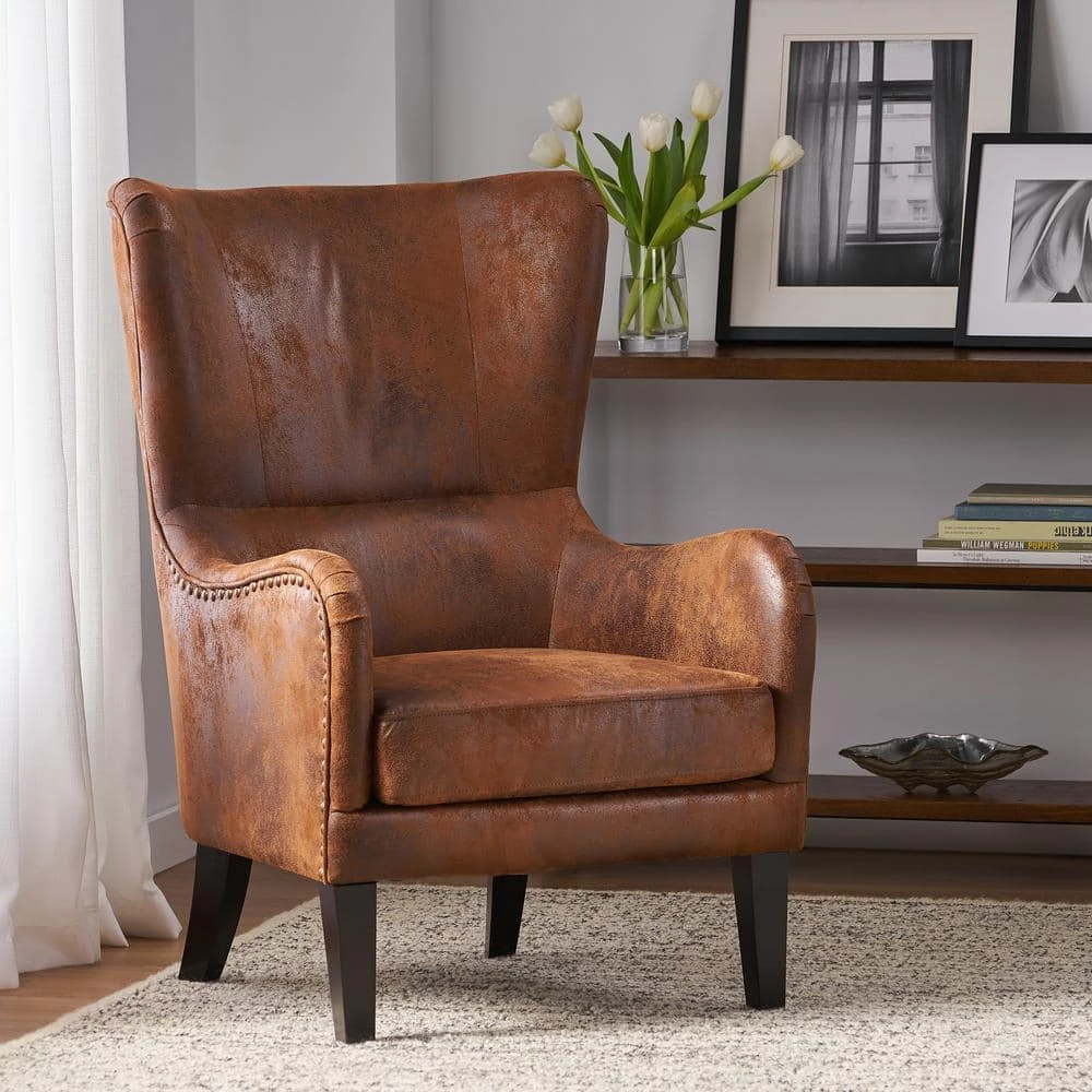Lorenzo Brown Polyester High Back Club Chair by Noble House - Image 11