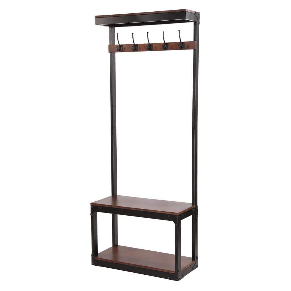Varnell Cafe Brown and Black Wood and Metal Coat Rack with Bench by Noble House