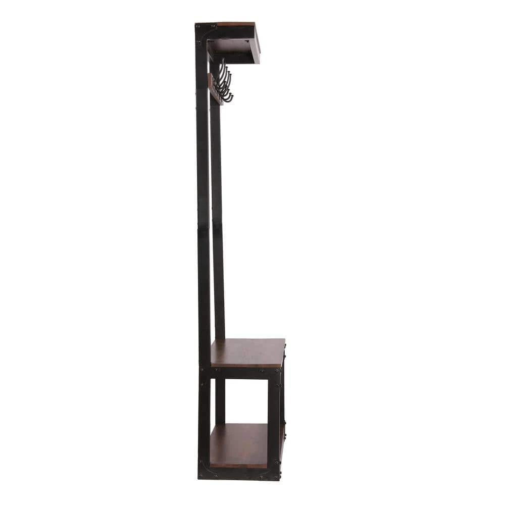 Varnell Cafe Brown and Black Wood and Metal Coat Rack with Bench by Noble House - Image 2